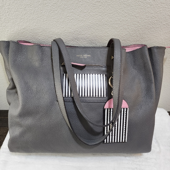 Henri Bendel The Influencer Tote Gray and Pink Leather Suede Striped Acc… - Picture 9 of 17